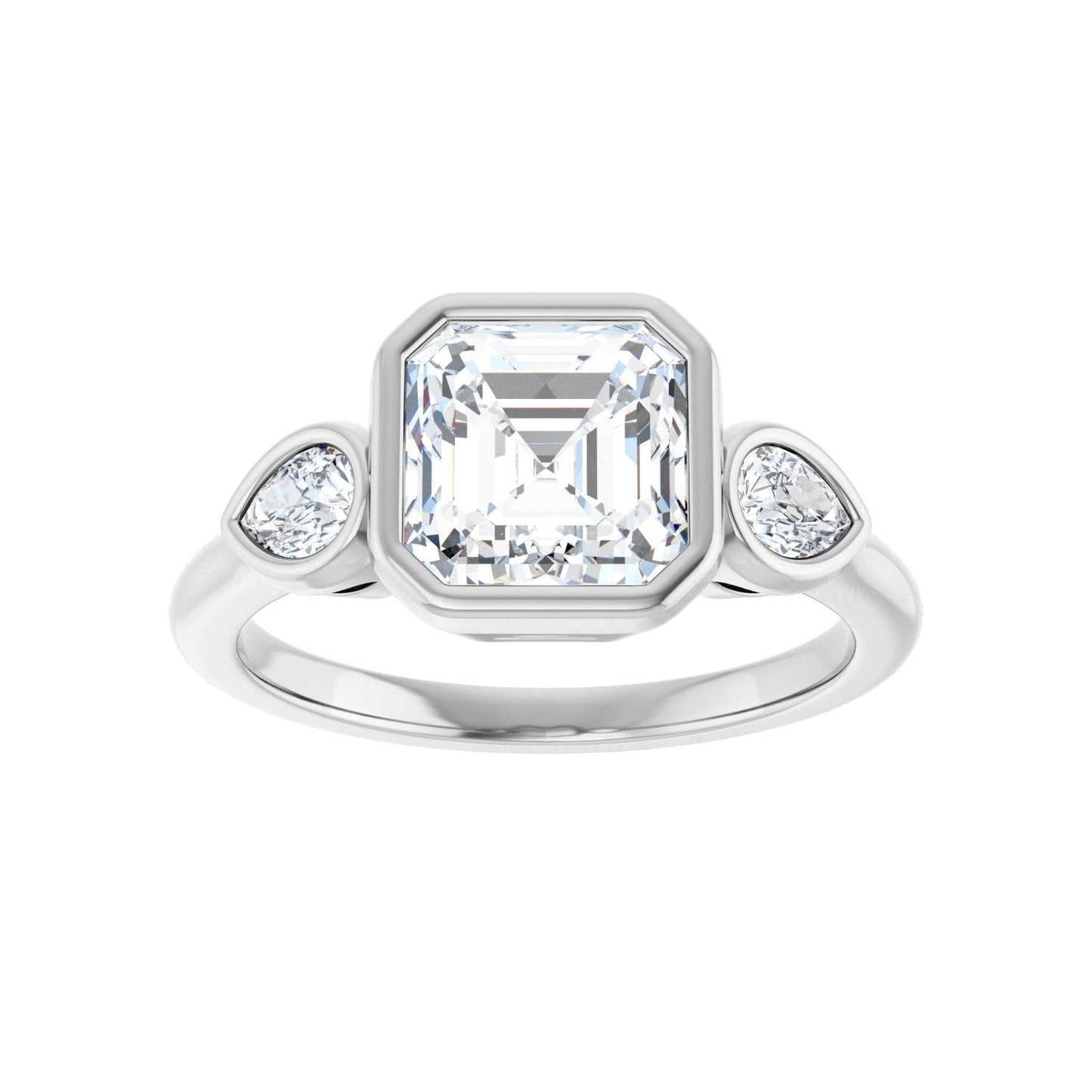 Asscher Bezel-Set Three-Stone Engagement Ring | Metal Type=14K White Gold | Center Stone Size=2 CT | Image 3