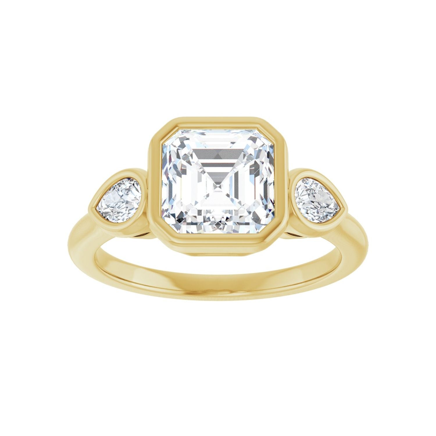 Asscher Bezel-Set Three-Stone Engagement Ring | Metal Type=14K Yellow Gold | Center Stone Size=2 CT | Image 3