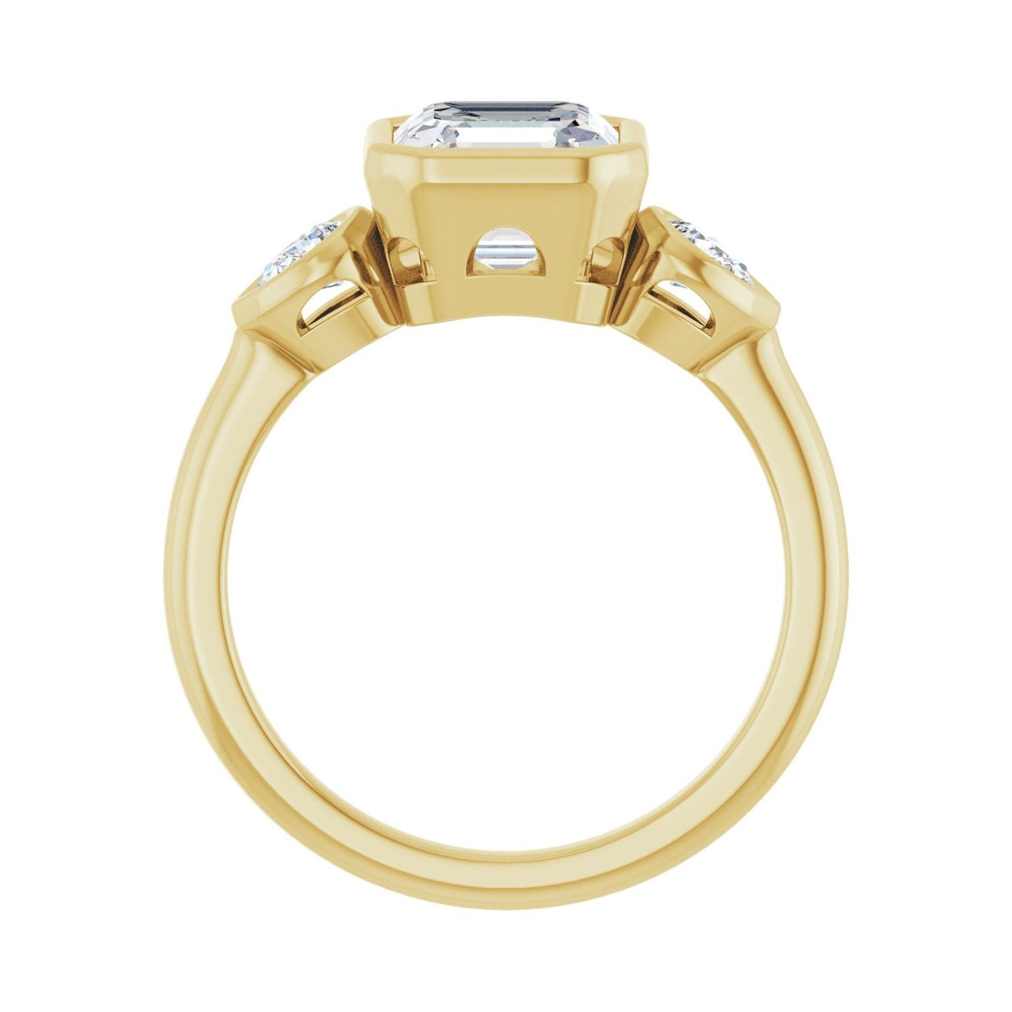 Asscher Bezel-Set Three-Stone Engagement Ring | Metal Type=14K Yellow Gold | Center Stone Size=2 CT | Image 2