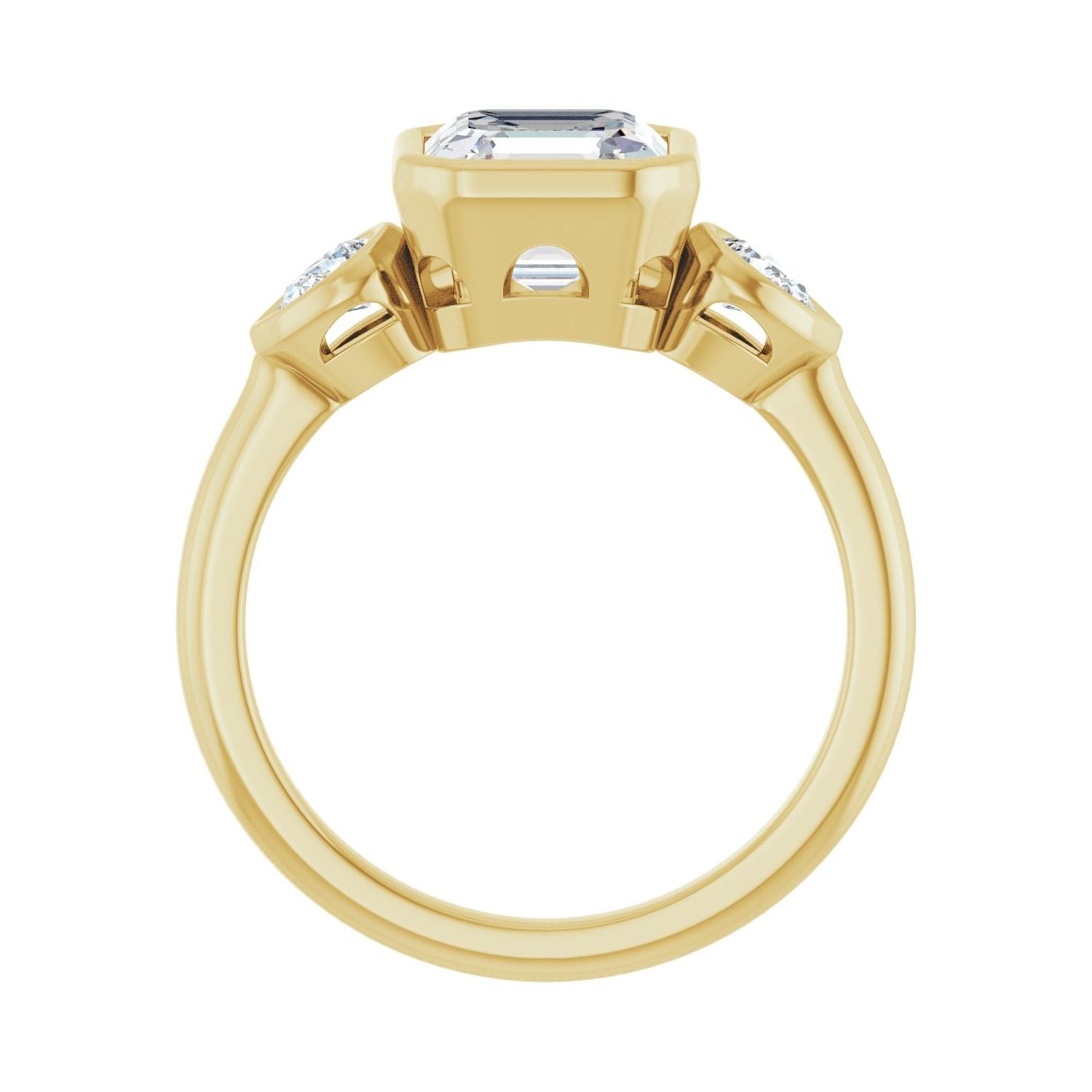 Asscher Bezel-Set Three-Stone Engagement Ring | Metal Type=14K Yellow Gold | Center Stone Size=2 CT | Image 2