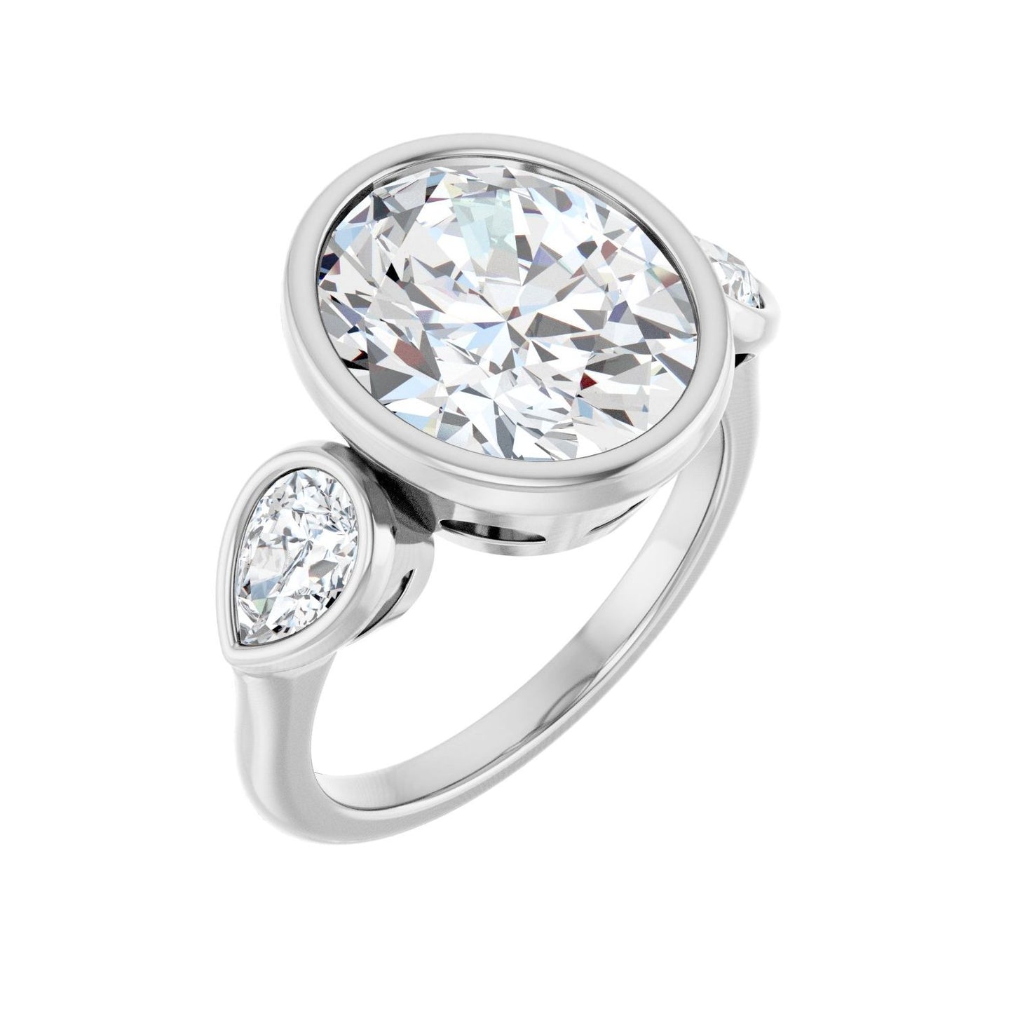 Oval Bezel-Set Three-Stone Engagement Ring | Metal Type=14K White Gold | Center Stone Size=3 CT | Image 1