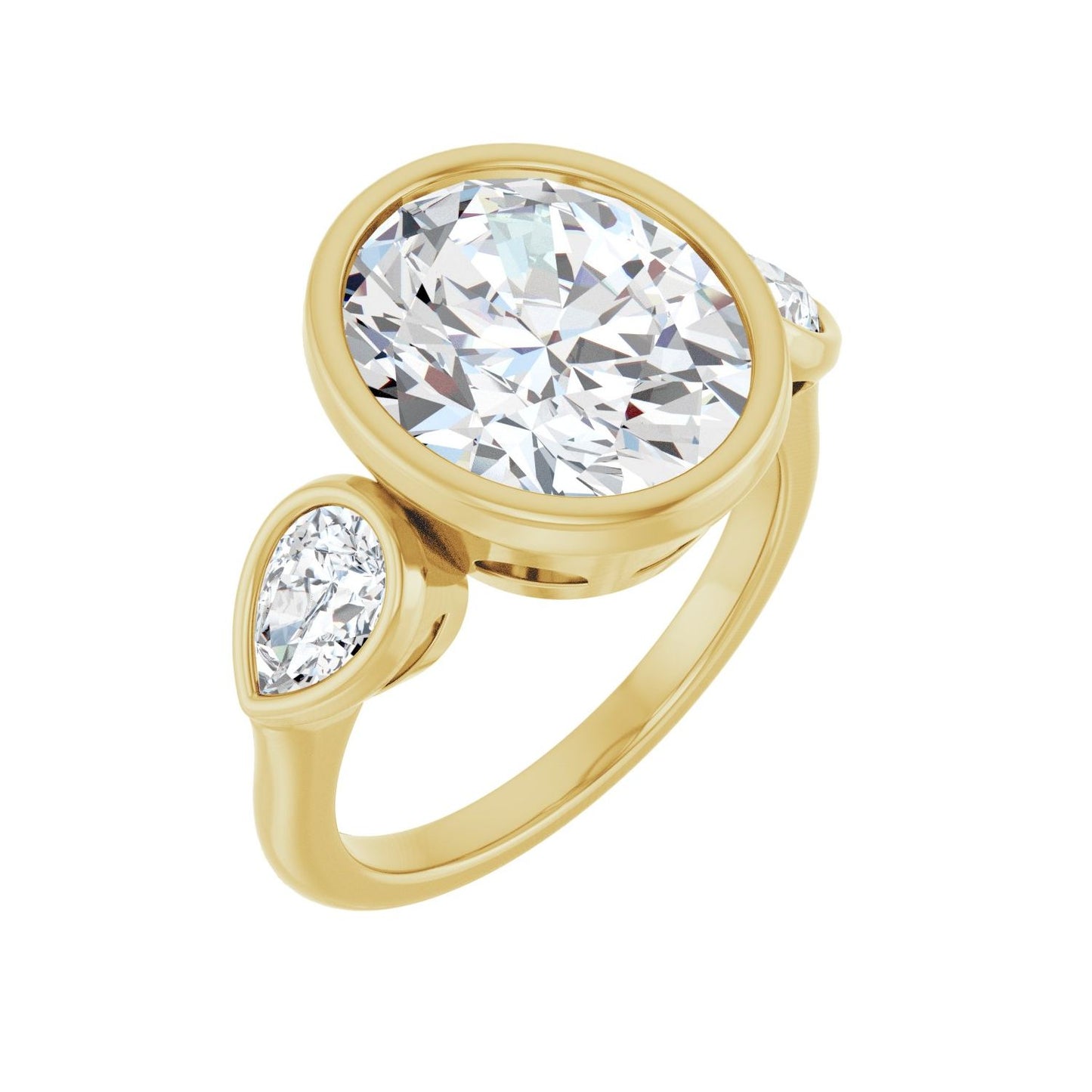 Oval Bezel-Set Three-Stone Engagement Ring | Metal Type=14K Yellow Gold | Center Stone Size=3 CT | Image 1