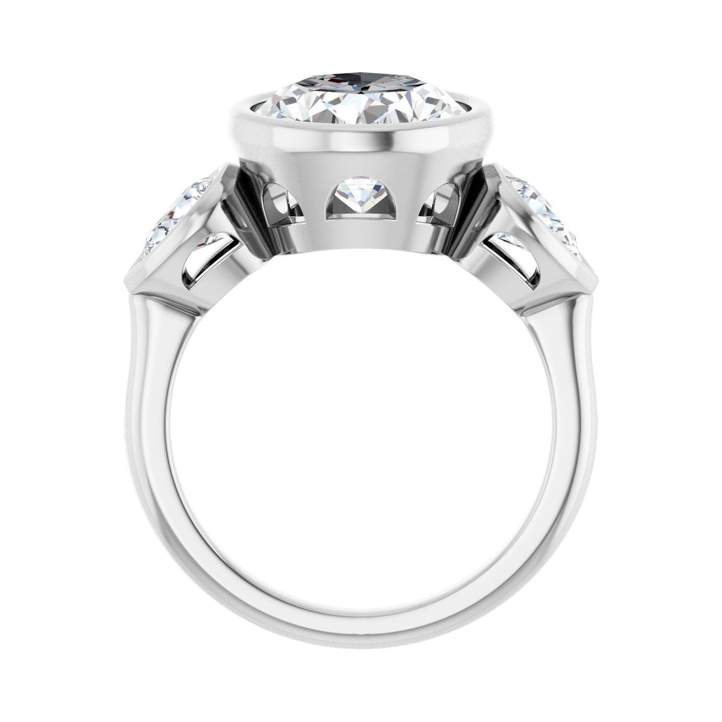 Oval Bezel-Set Three-Stone Engagement Ring | Metal Type=14K White Gold | Center Stone Size=3 CT | Image 2