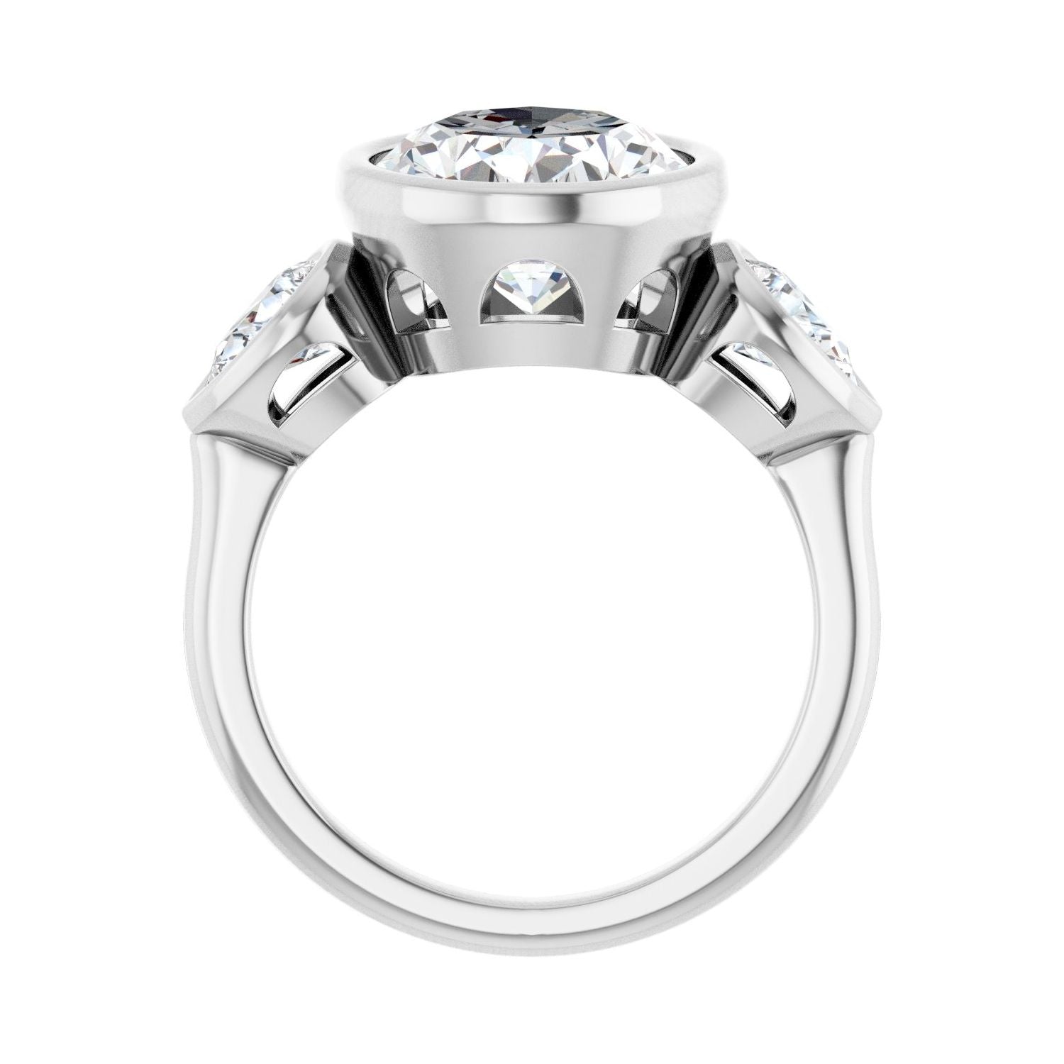Oval Bezel-Set Three-Stone Engagement Ring | Metal Type=14K White Gold | Center Stone Size=3 CT | Image 2