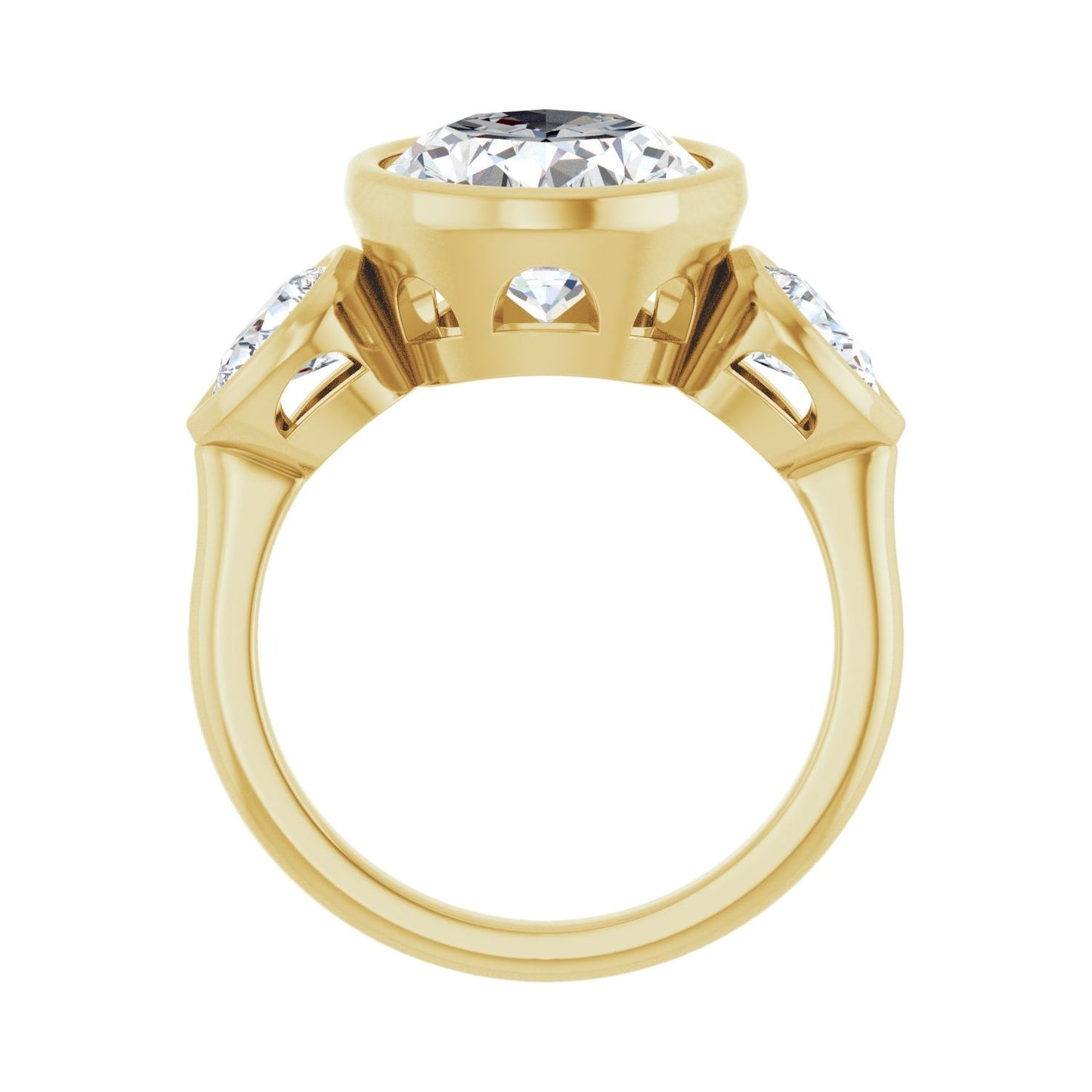 Oval Bezel-Set Three-Stone Engagement Ring | Metal Type=14K Yellow Gold | Center Stone Size=3 CT | Image 2
