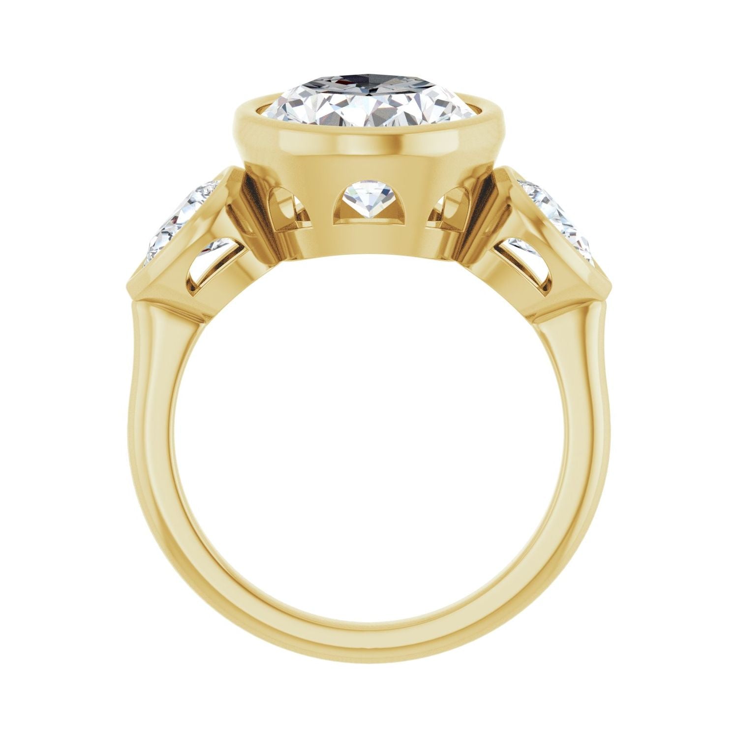 Oval Bezel-Set Three-Stone Engagement Ring | Metal Type=14K Yellow Gold | Center Stone Size=3 CT | Image 2