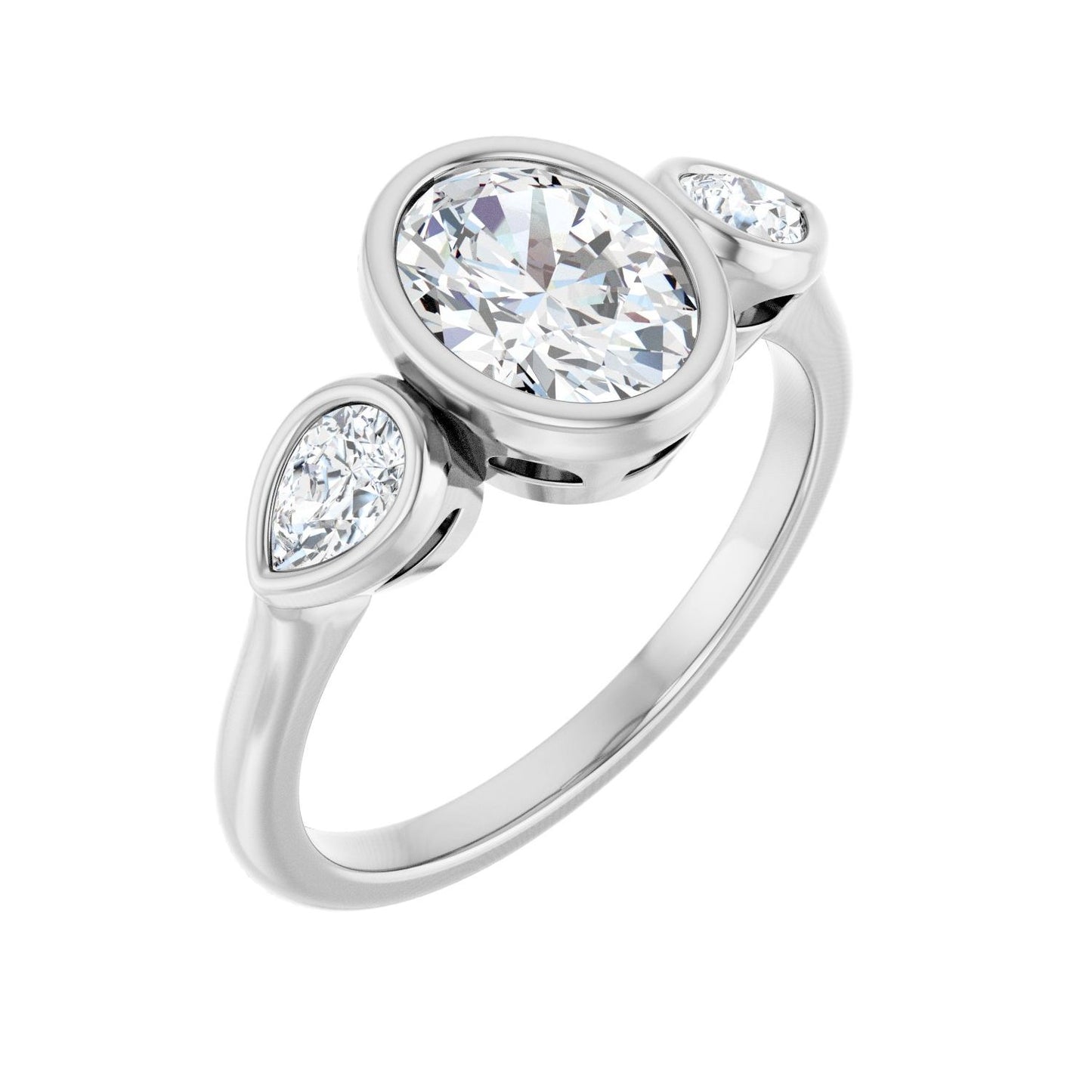 Oval Bezel-Set Three-Stone Engagement Ring | Metal Type=14K White Gold | Center Stone Size=1.5 CT | Image 1