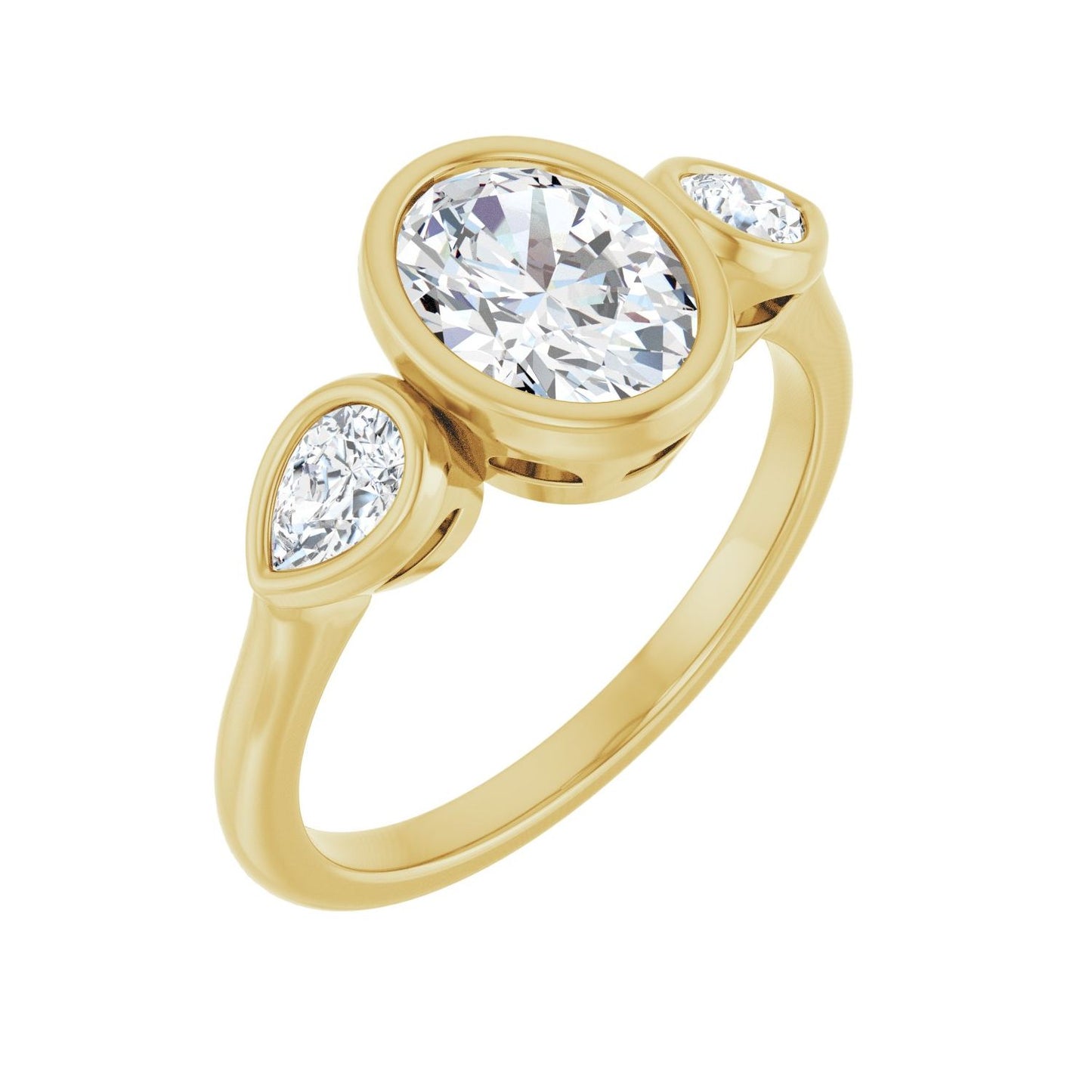 Oval Bezel-Set Three-Stone Engagement Ring | Metal Type=14K Yellow Gold | Center Stone Size=1.5 CT | Image 1