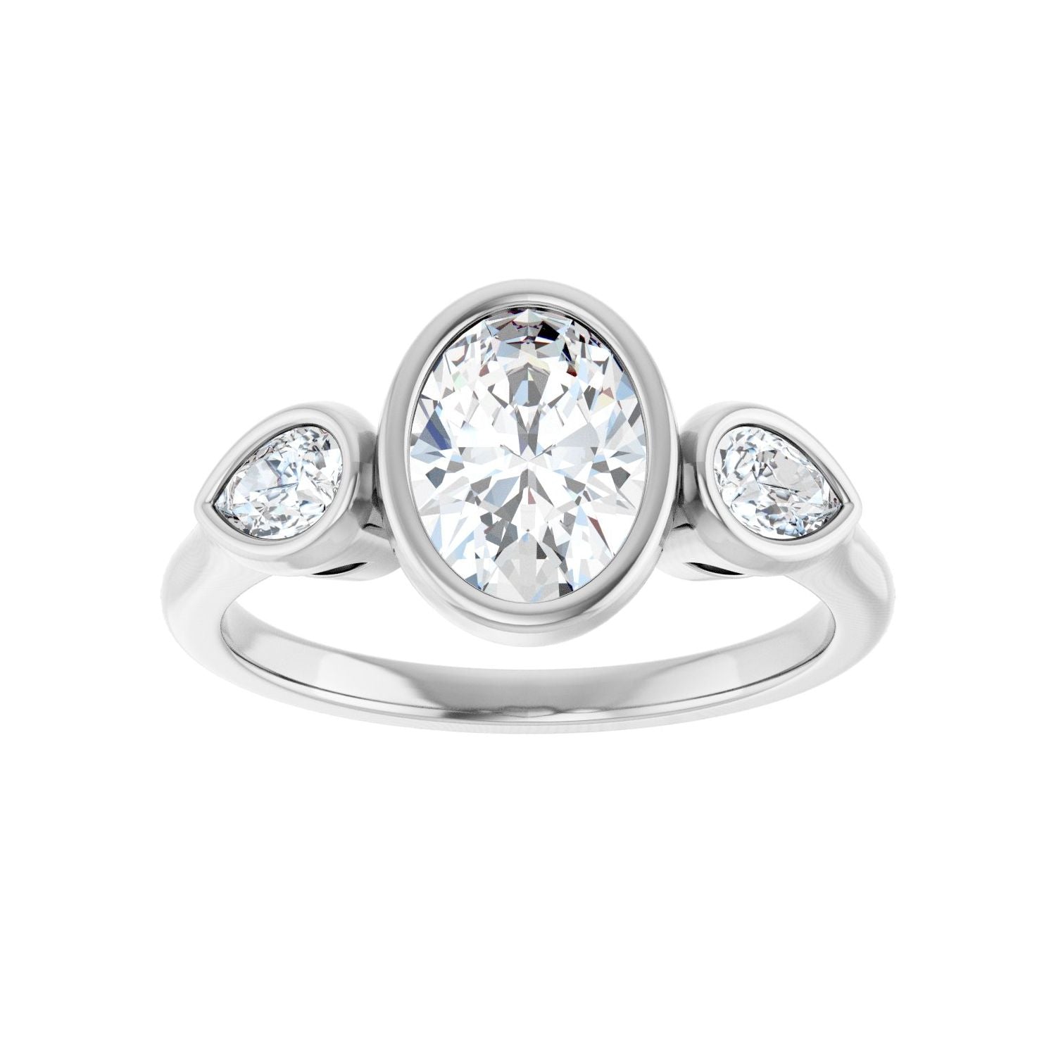 Oval Bezel-Set Three-Stone Engagement Ring | Metal Type=14K White Gold | Center Stone Size=1.5 CT | Image 3