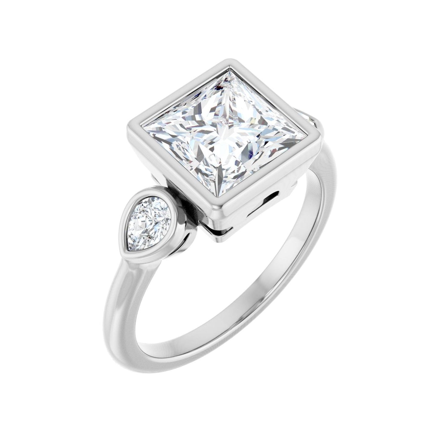 Square Bezel-Set Three-Stone Engagement Ring | Metal Type=14K White Gold | Center Stone Size=2.5 CT | Image 1