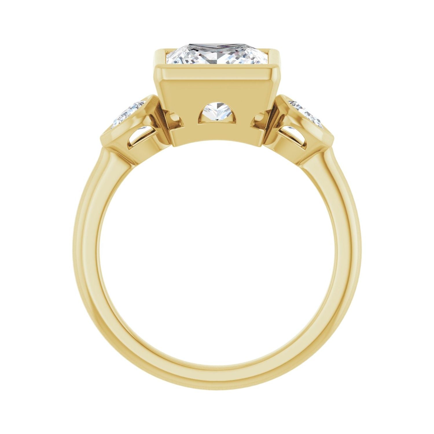 Square Bezel-Set Three-Stone Engagement Ring | Metal Type=14K Yellow Gold | Center Stone Size=2.5 CT | Image 2