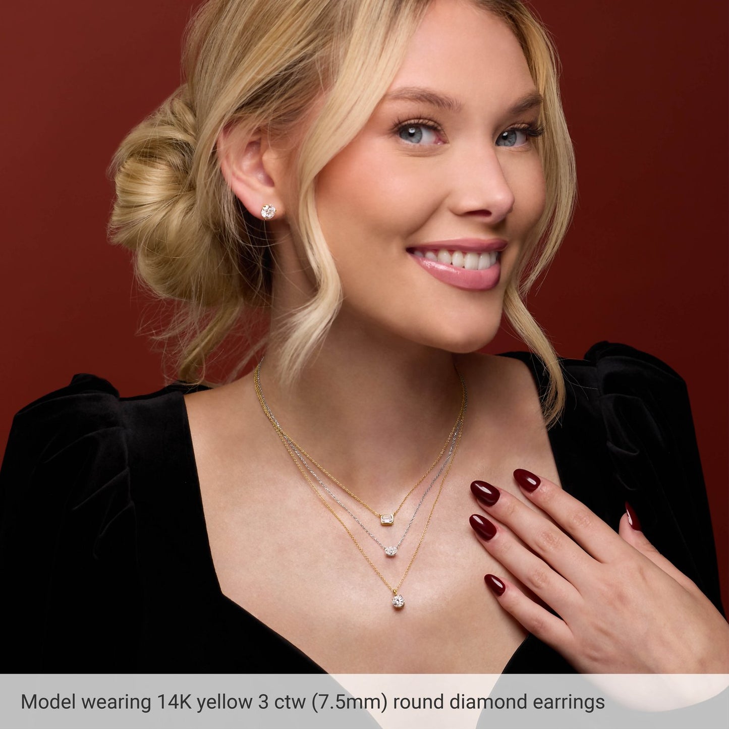 Round 3-Prong Cocktail-Style Stud Earrings | Metal Type=14K Yellow Gold | Center Stone Size=3 TCW | Image 4