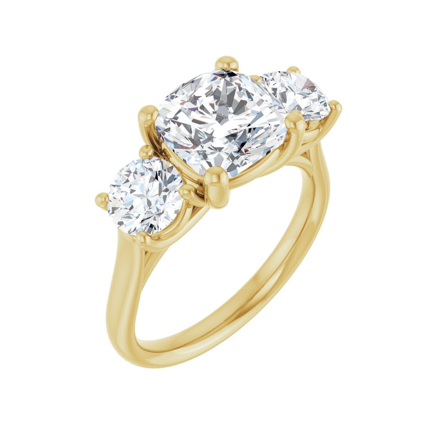 Cushion Three-Stone Engagement Ring | Metal Type=14K Yellow Gold | Center Stone Size=3 CT | Image 1