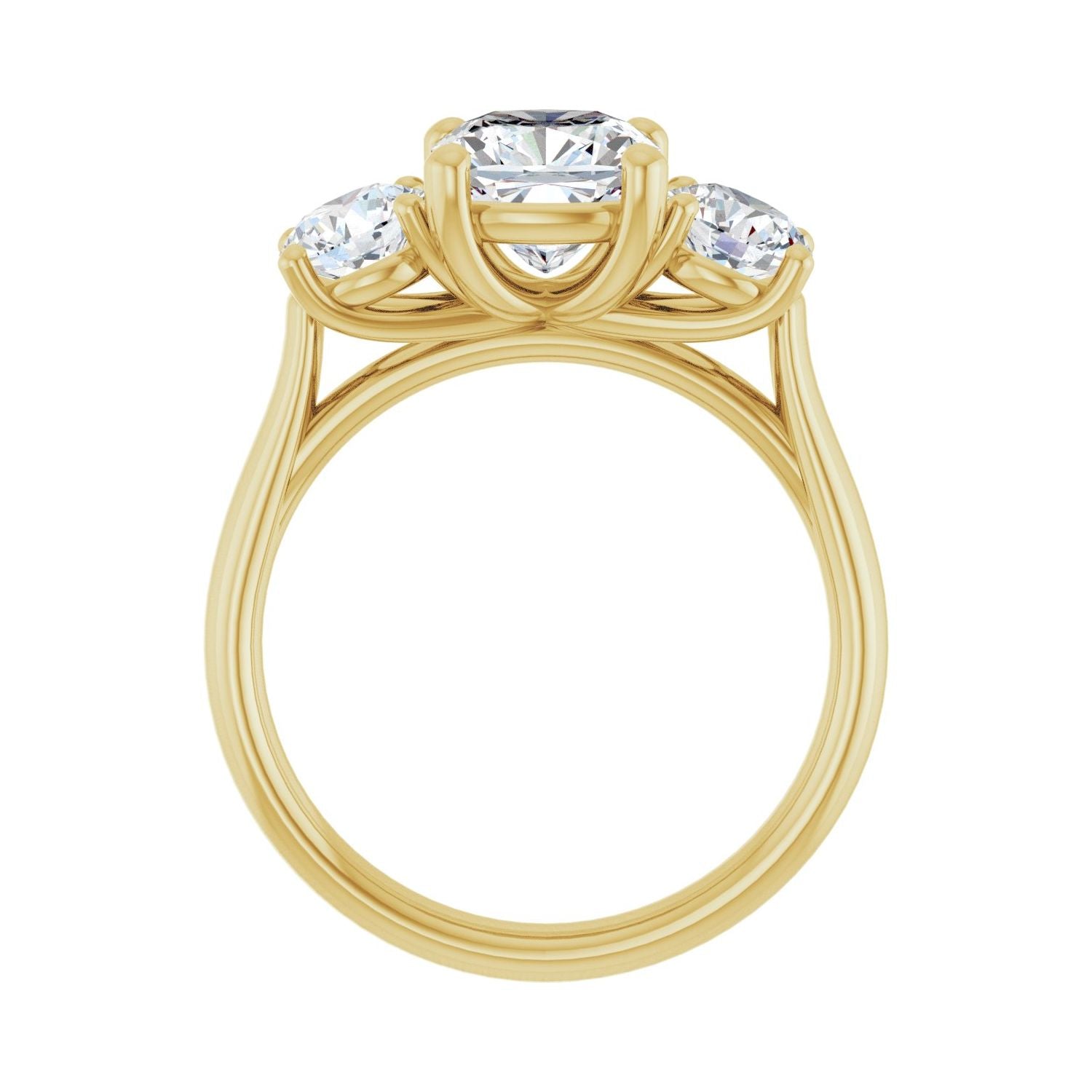 Cushion Three-Stone Engagement Ring | Metal Type=14K Yellow Gold | Center Stone Size=2 CT | Image 2