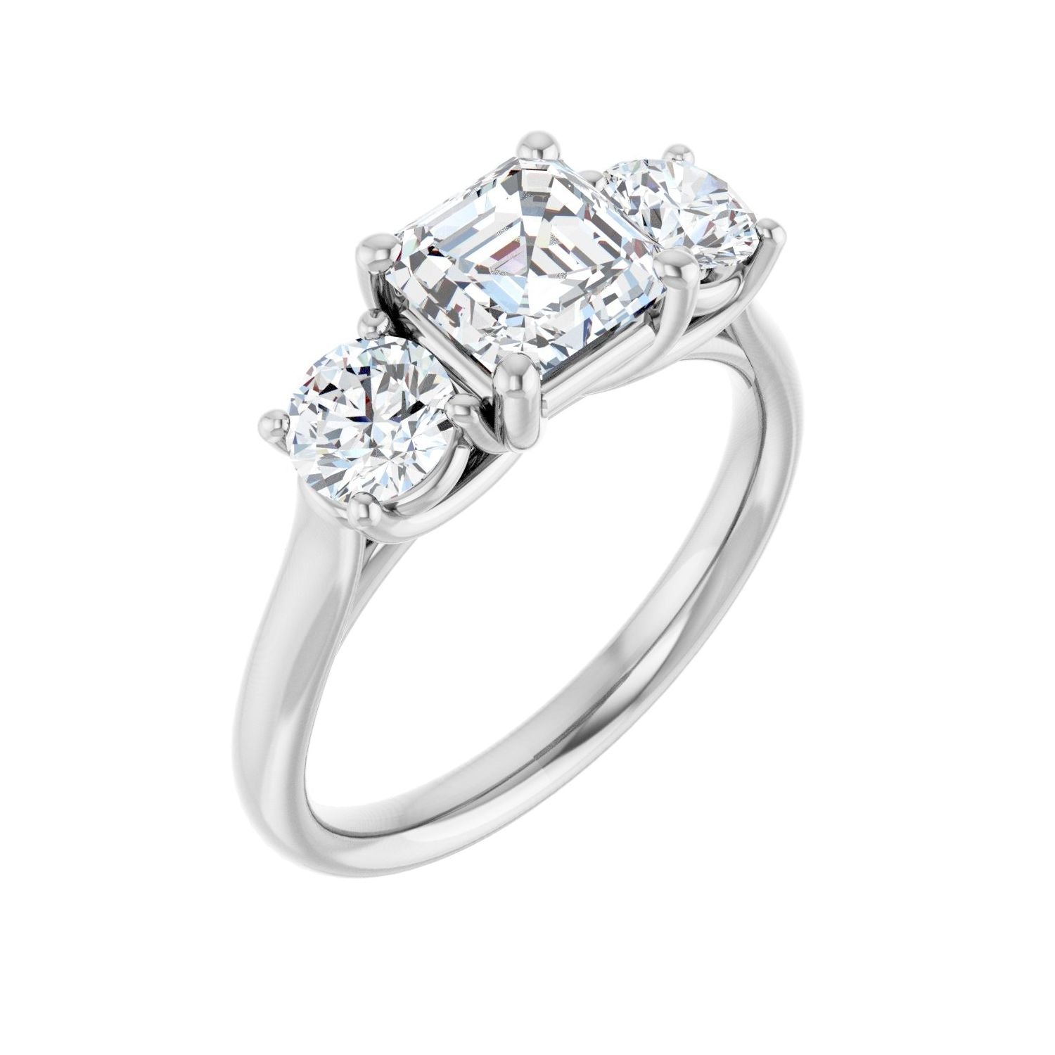 Asscher Three-Stone Engagement Ring | Metal Type=14K White Gold | Center Stone Size=1 CT | Image 1