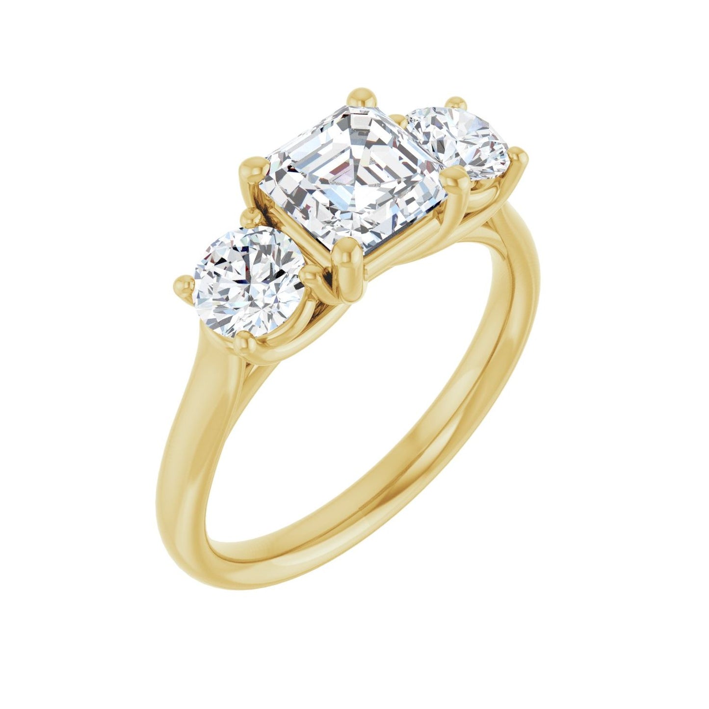 Asscher Three-Stone Engagement Ring | Metal Type=14K Yellow Gold | Center Stone Size=1 CT | Image 1