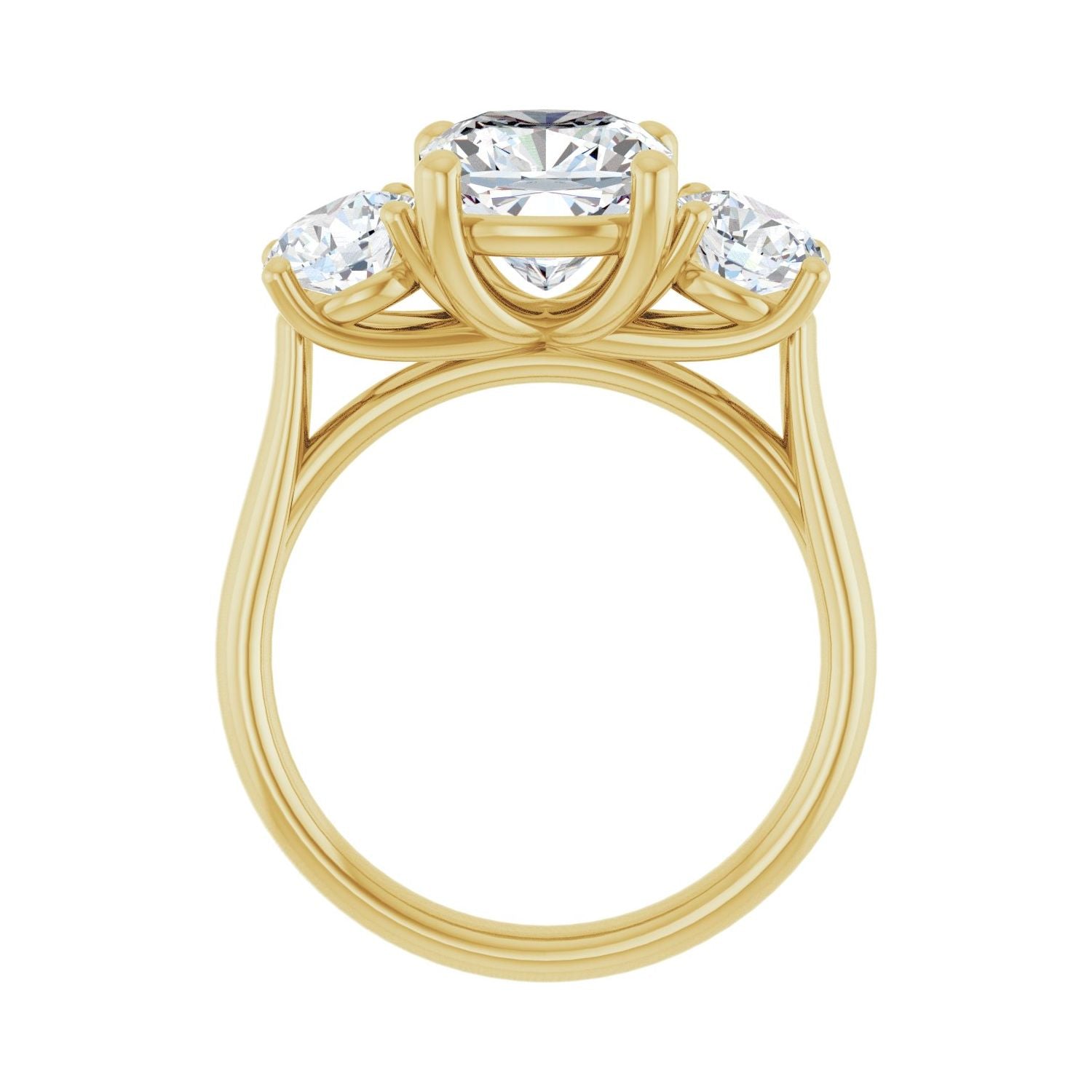 Cushion Three-Stone Engagement Ring | Metal Type=14K Yellow Gold | Center Stone Size=3 CT | Image 2