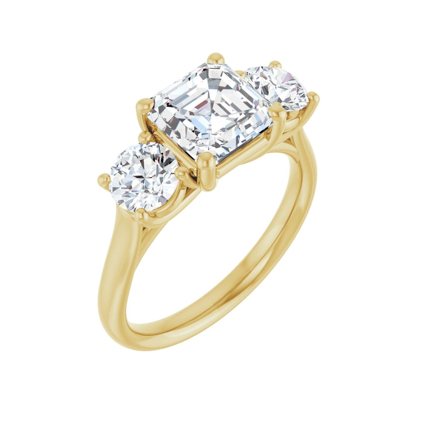 Asscher Three-Stone Engagement Ring | Metal Type=14K Yellow Gold | Center Stone Size=2 CT | Image 1