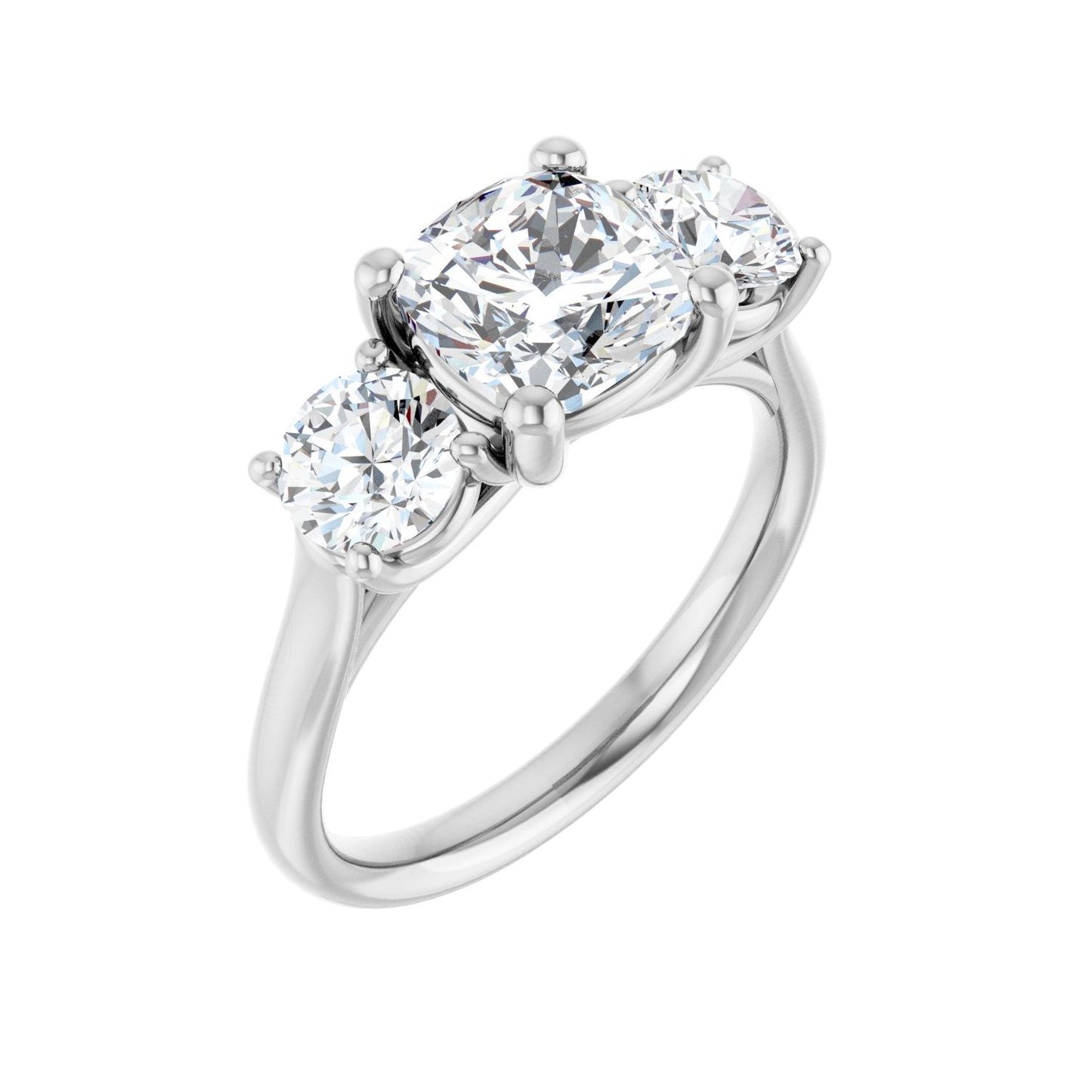 Cushion Three-Stone Engagement Ring | Metal Type=14K White Gold | Center Stone Size=2 CT | Image 1