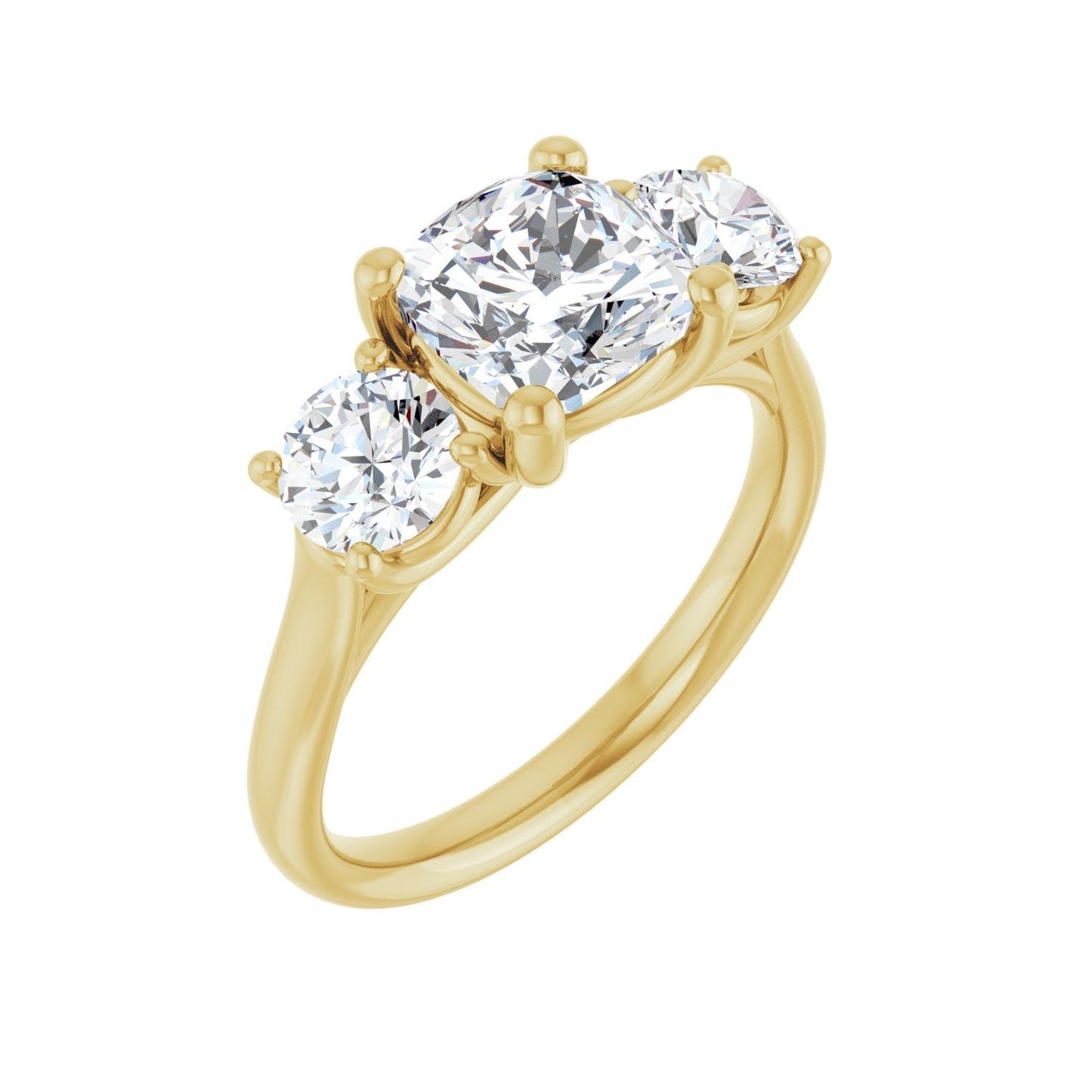 Cushion Three-Stone Engagement Ring | Metal Type=14K Yellow Gold | Center Stone Size=2 CT | Image 1