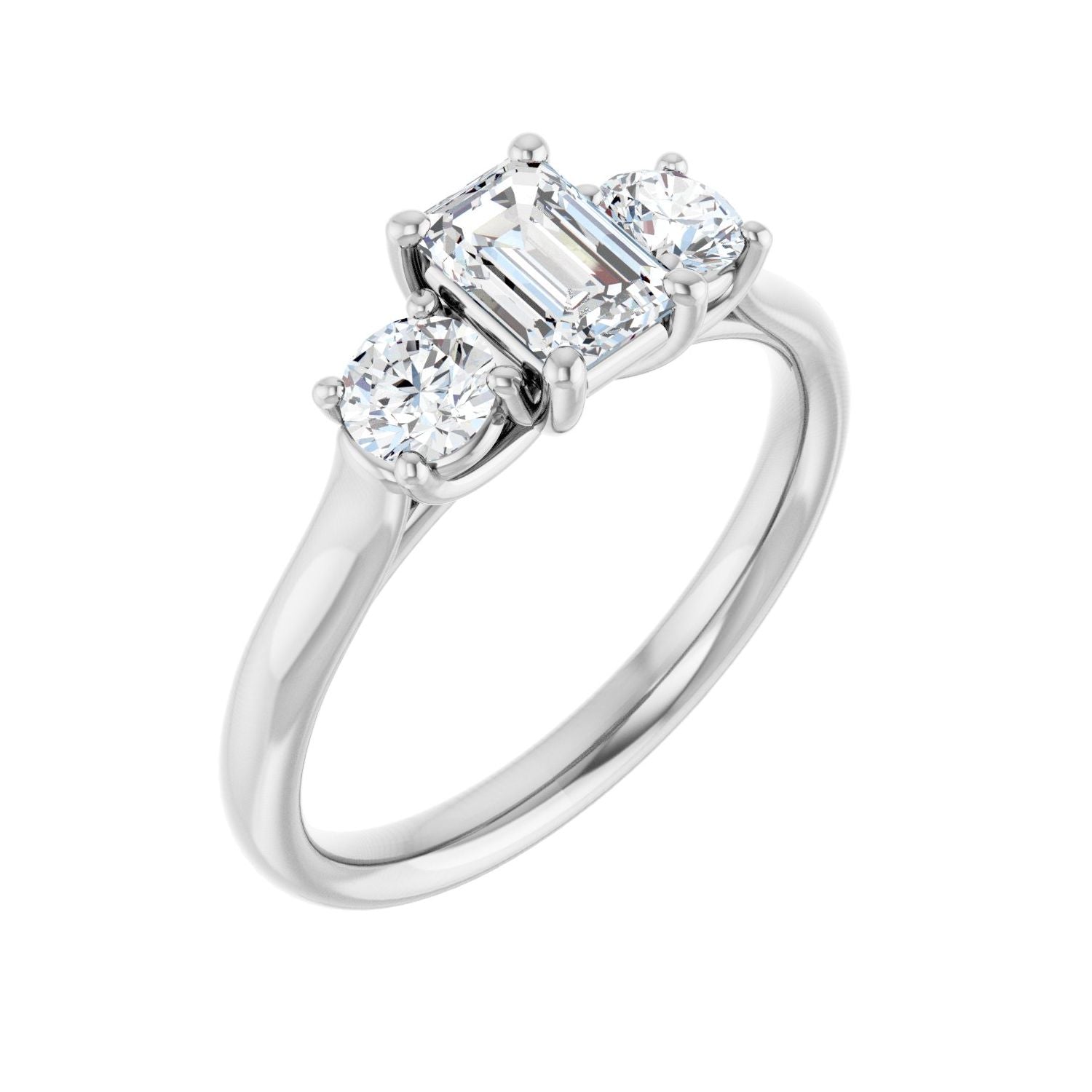 Emerald Three-Stone Engagement Ring | Metal Type=14K White Gold | Center Stone Size=1 CT | Image 1
