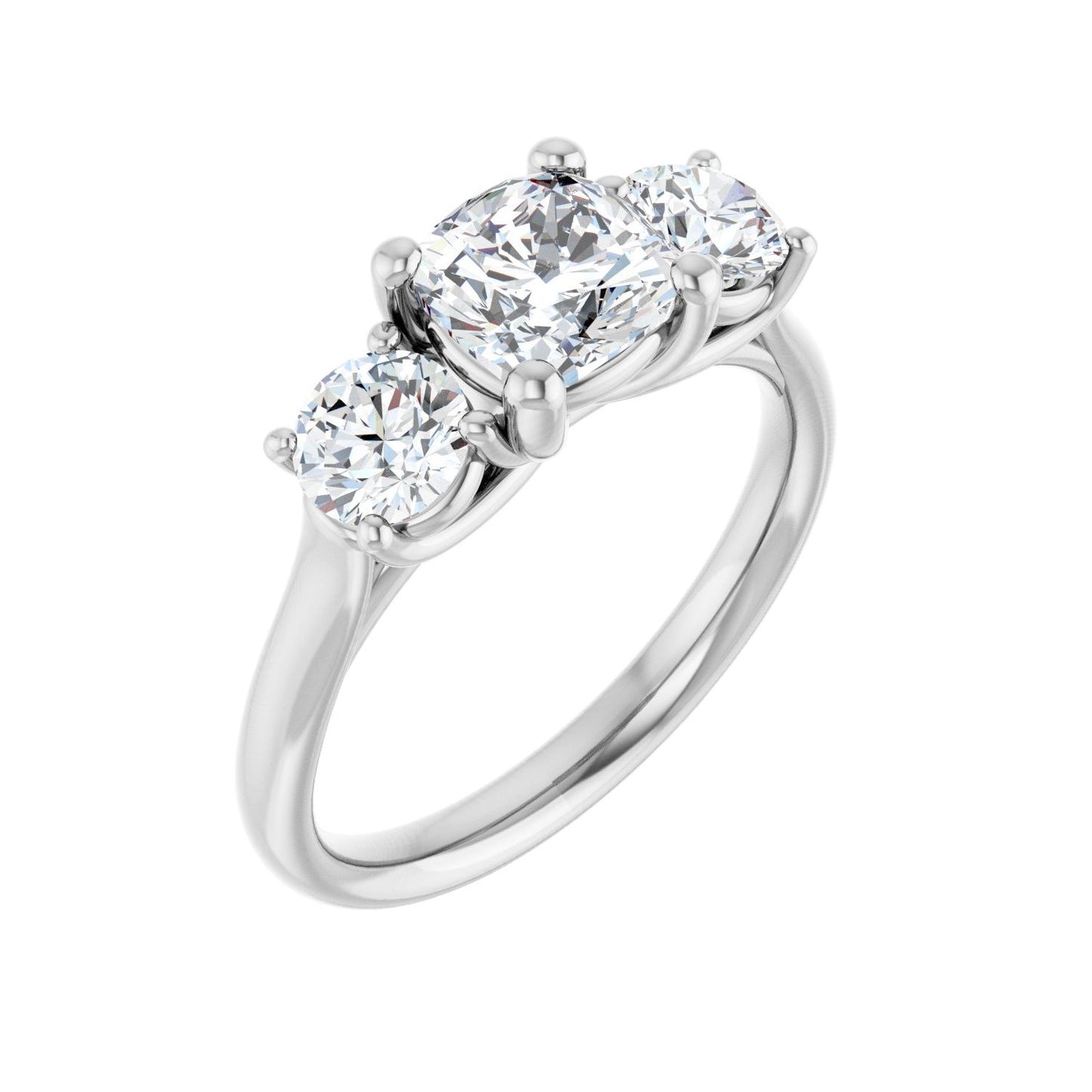 Cushion Three-Stone Engagement Ring | Metal Type=14K White Gold | Center Stone Size=1 CT | Image 1