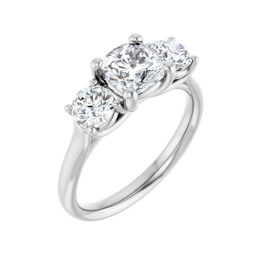 Cushion Three-Stone Engagement Ring | Metal Type=14K White Gold | Center Stone Size=1 CT | Image 1