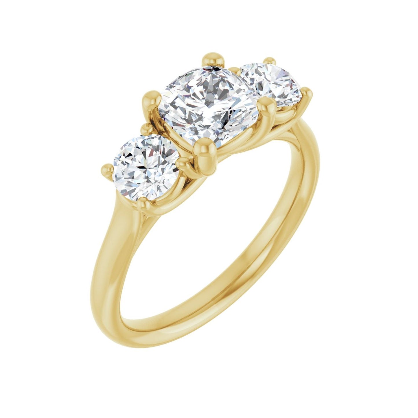 Cushion Three-Stone Engagement Ring | Metal Type=14K Yellow Gold | Center Stone Size=1 CT | Image 1