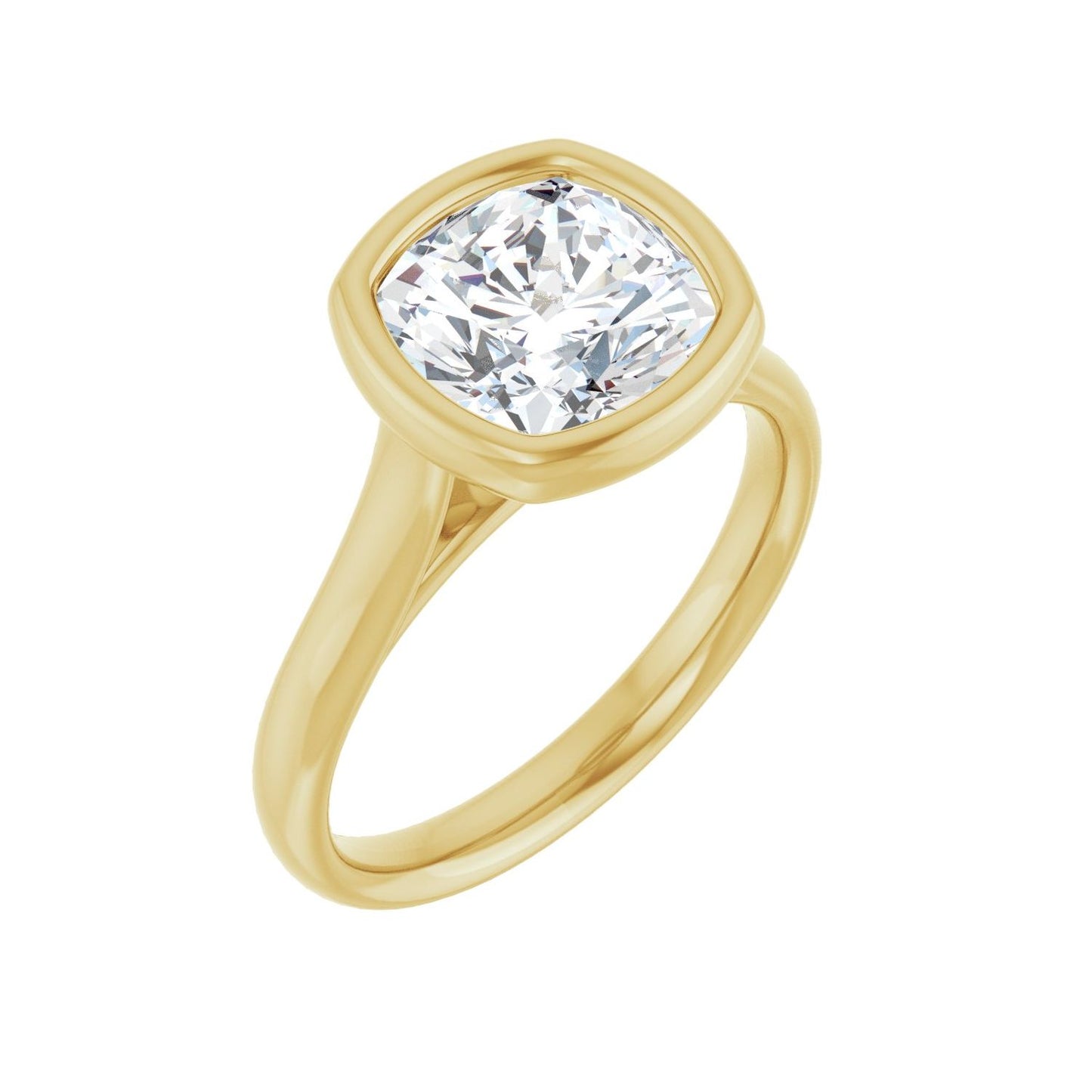 Cushion Bezel-Set Solitaire Engagement Ring | Metal Type=14K Yellow Gold | Center Stone Size=3 CT | Image 1