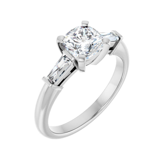 Cushion Three-Stone Engagement Ring | Metal Type=14K White Gold | Center Stone Size=1 CT | Image 1