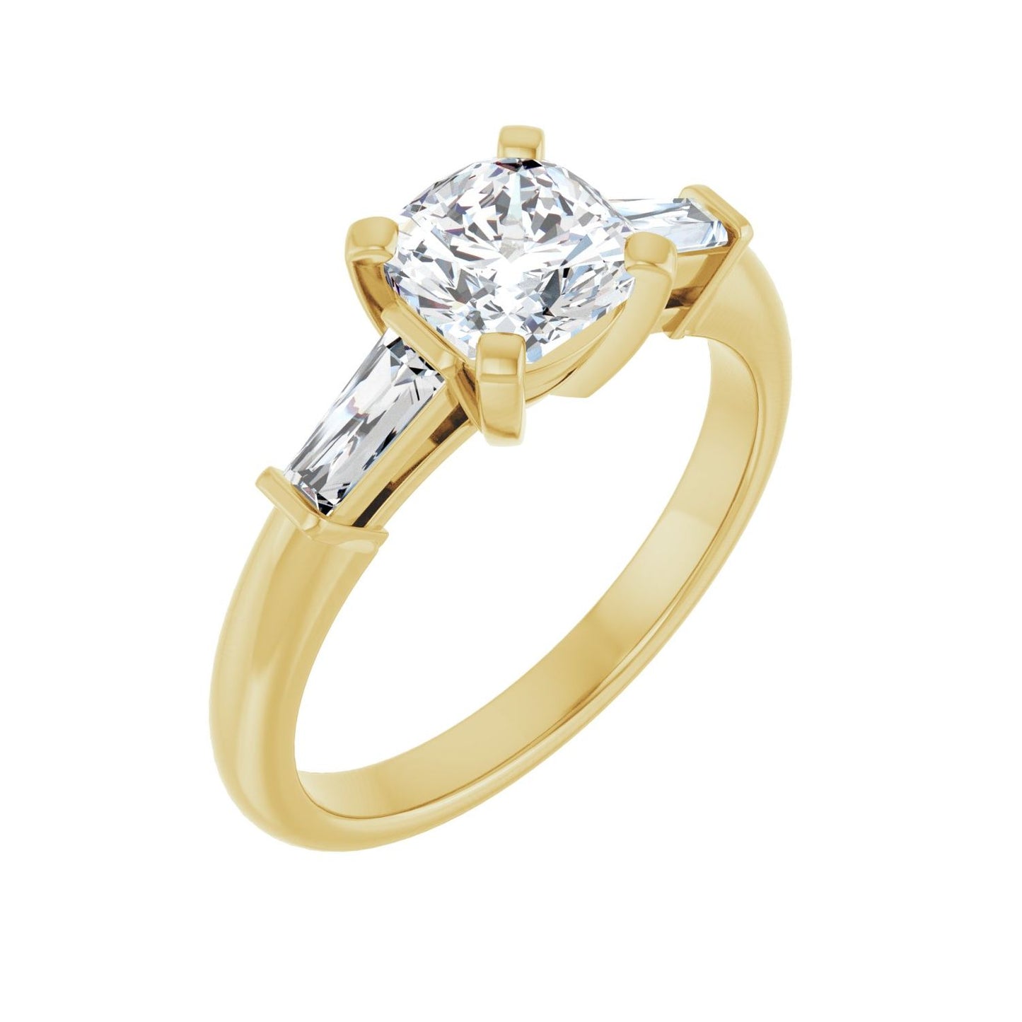 Cushion Three-Stone Engagement Ring | Metal Type=14K Yellow Gold | Center Stone Size=1 CT | Image 1