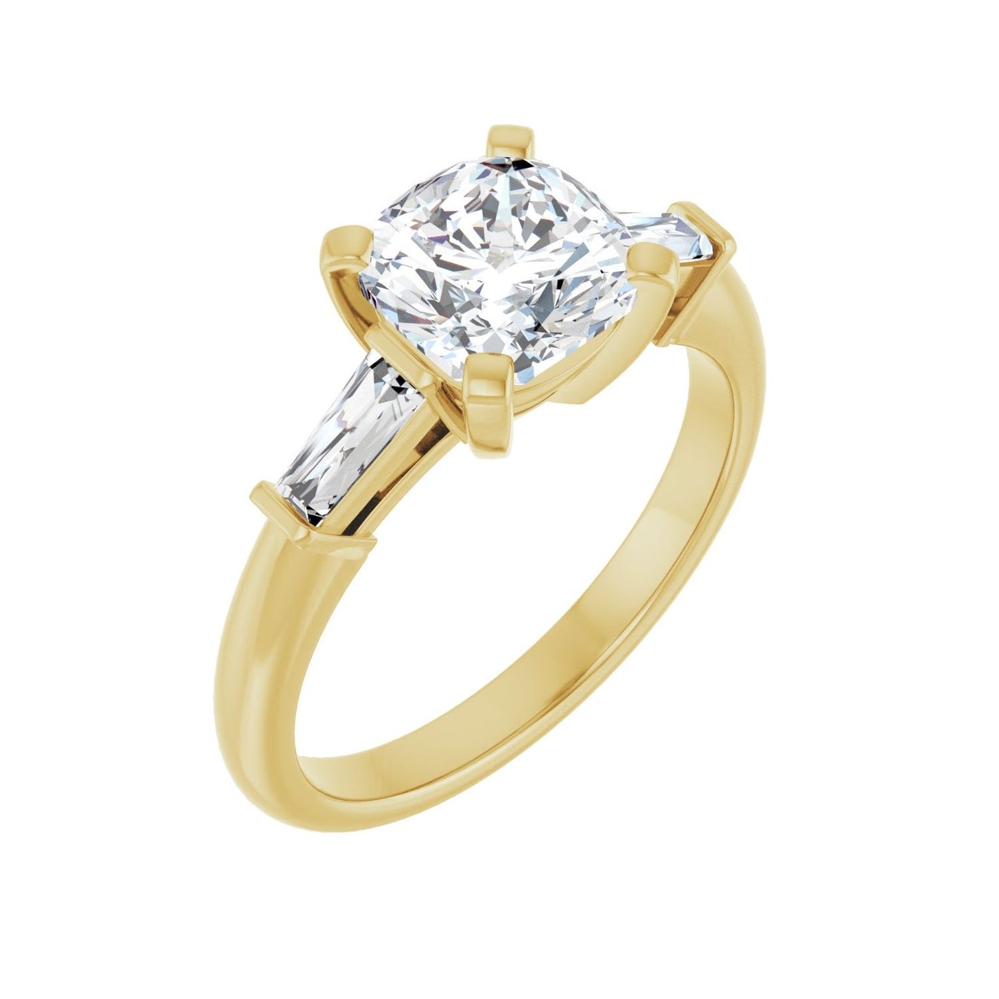 Cushion Three-Stone Engagement Ring | Metal Type=14K Yellow Gold | Center Stone Size=2 CT | Image 1