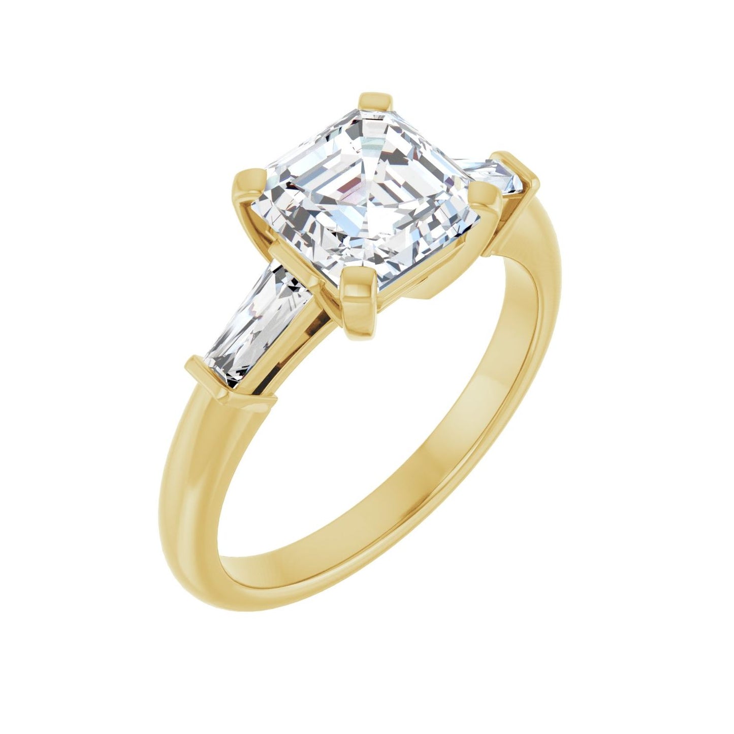 Asscher Three-Stone Engagement Ring | Metal Type=14K Yellow Gold | Center Stone Size=2 CT | Image 1