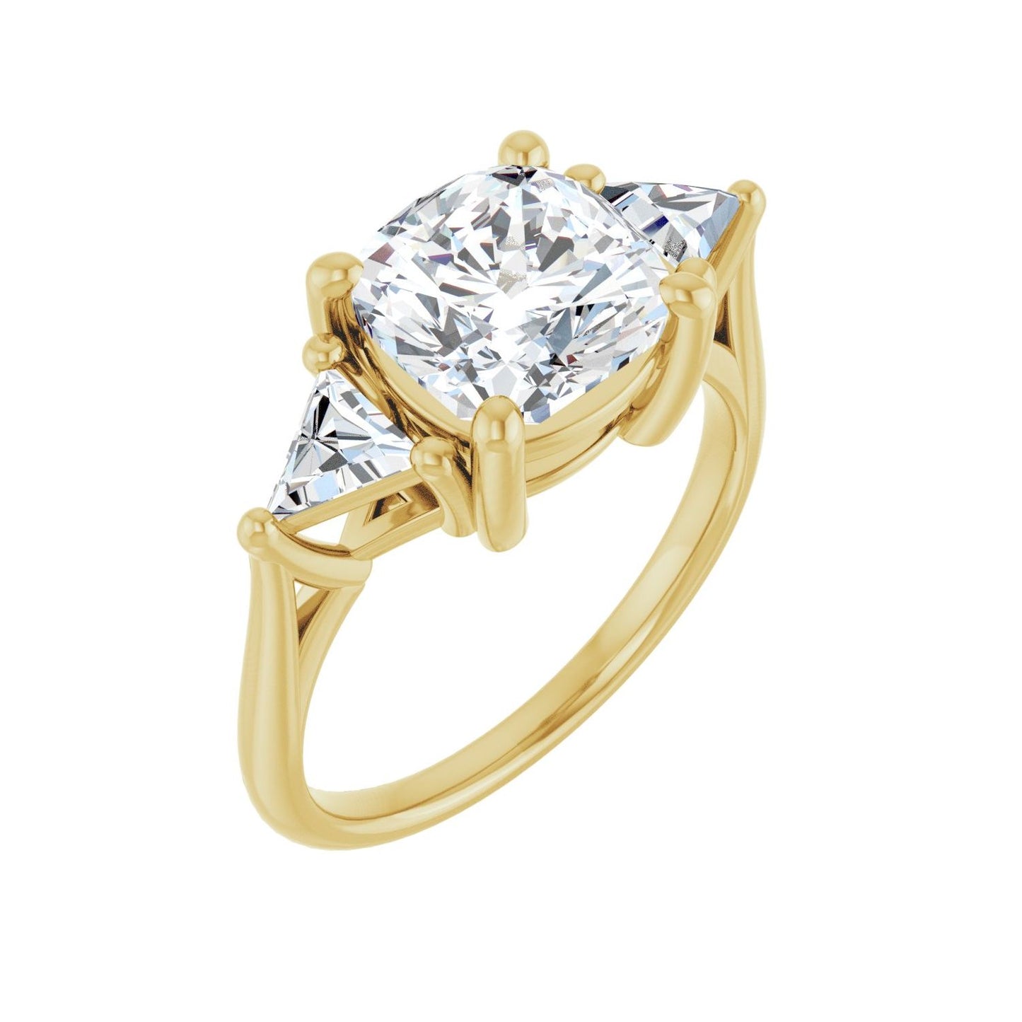 Cushion Three-Stone Engagement Ring | Metal Type=14K Yellow Gold | Center Stone Size=3 CT | Image 1