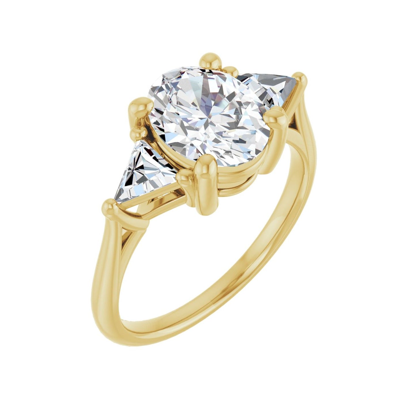 Oval Three-Stone Engagement Ring | Metal Type=14K Yellow Gold | Center Stone Size=2 CT | Image 1