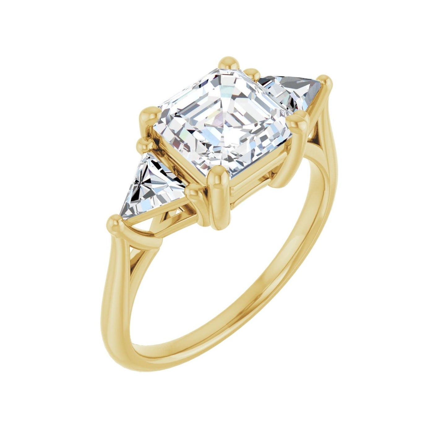 Asscher Three-Stone Engagement Ring | Metal Type=14K Yellow Gold | Center Stone Size=2 CT | Image 1