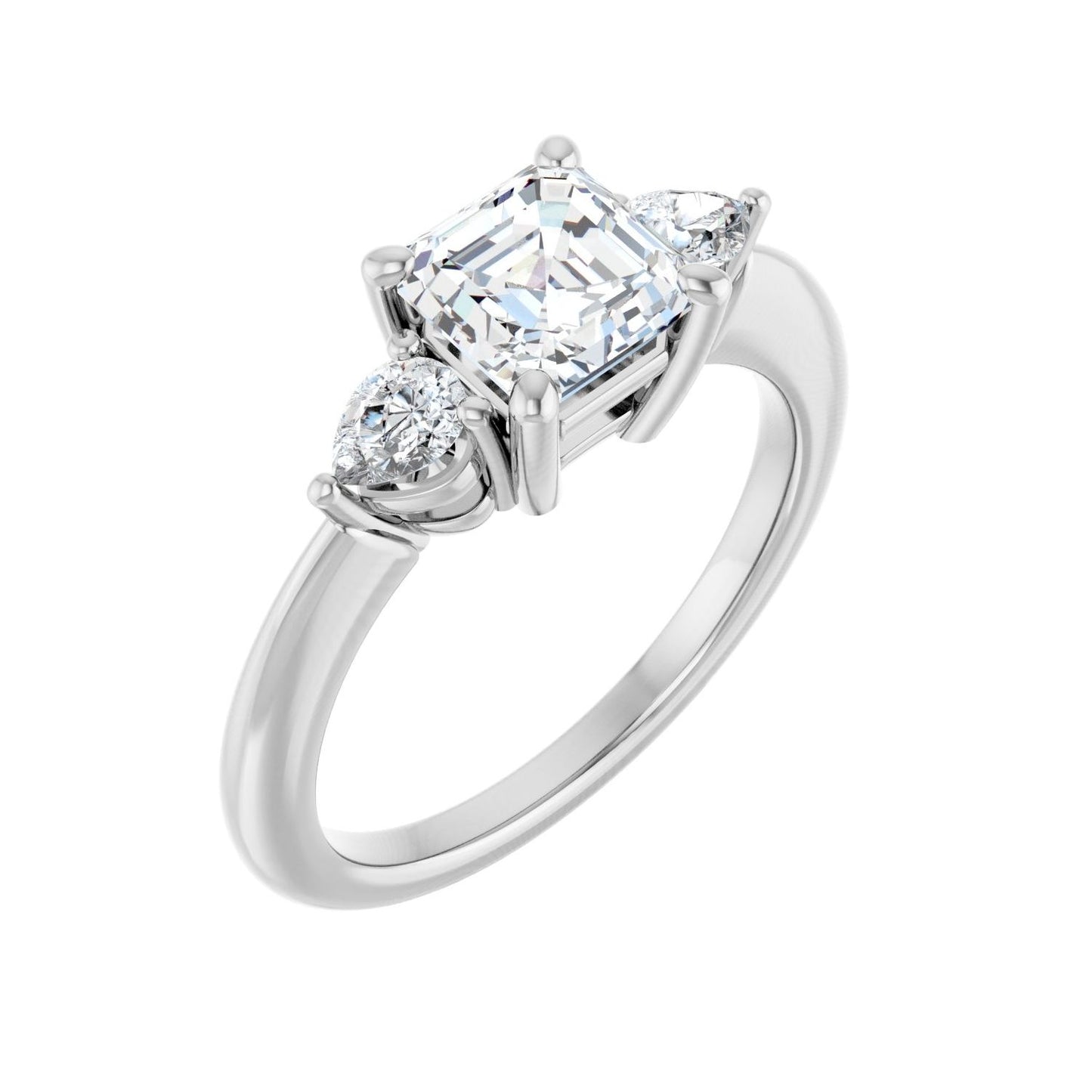 Asscher Three-Stone Engagement Ring | Metal Type=14K White Gold | Center Stone Size=1 CT | Image 1
